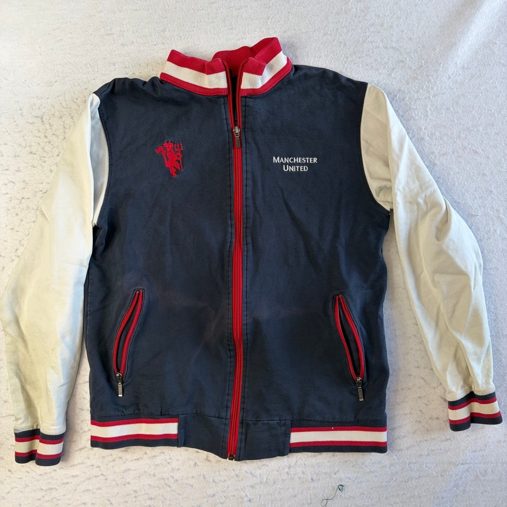 Manchester United Varsity Jacket Mens Medium Navy Blue Red White Full Zip Soccer
